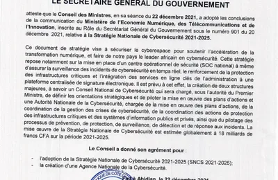 ATTESTATION SUR LA STRATÉGIE NATIONALE DE CYBERSÉCURITÉ ET CRÉATION D'UNE AGENCE DE CYBERSECURITÉ
